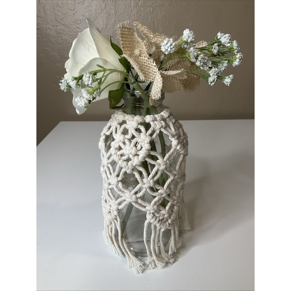 Macrame Ivory Covered 7.5" Glass Vase‎ Jar & Artificial Flowers Boho Cottagecore